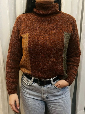 Brown sweater with subtle side colors, warm