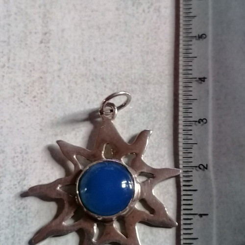 Silver 950 handmade sun pendant with blue mineral agate stone new