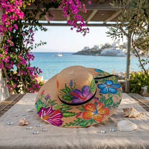 Handmade hat painted with hibiscus flowers, beige, size 63