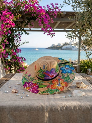 Handmade hat painted with hibiscus flowers, beige, size 63
