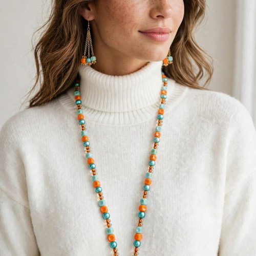 Handmade orange and green color long necklace and earrings set