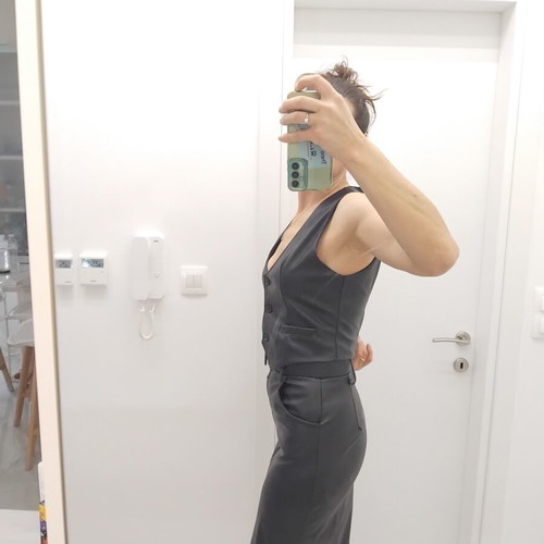 Leather set like new, vest and midi skirt with belt, black