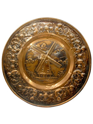 Vintage copper decorative plate with windmill scenery like new