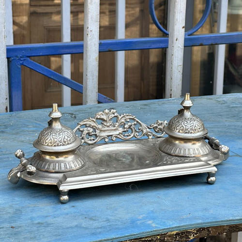 Vintage double metal inkwell with embossed decoration