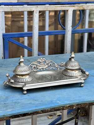 Vintage double metal inkwell with embossed decoration