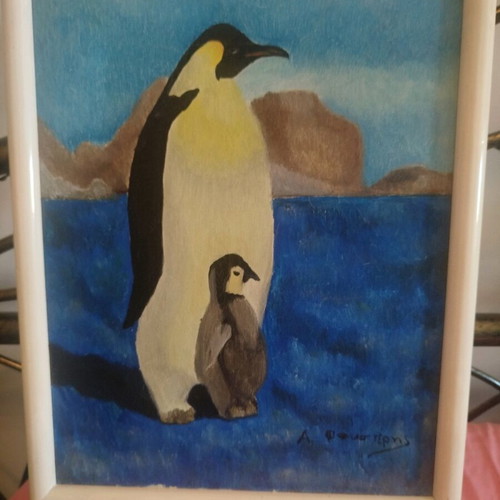 Painting with penguins like new in white wooden frame