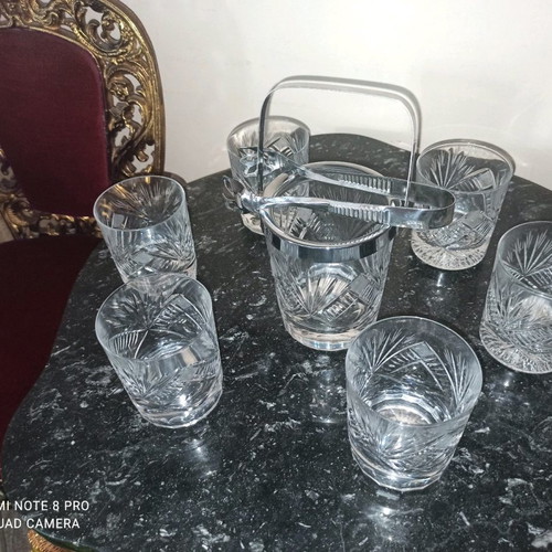 Bohemian crystal whiskey glasses and ice bucket set like new