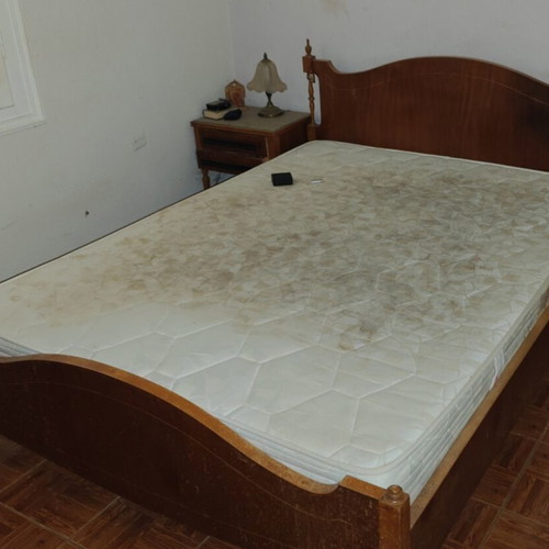 Bed with bedside table used, 70s style, handmade, metal and wood frame