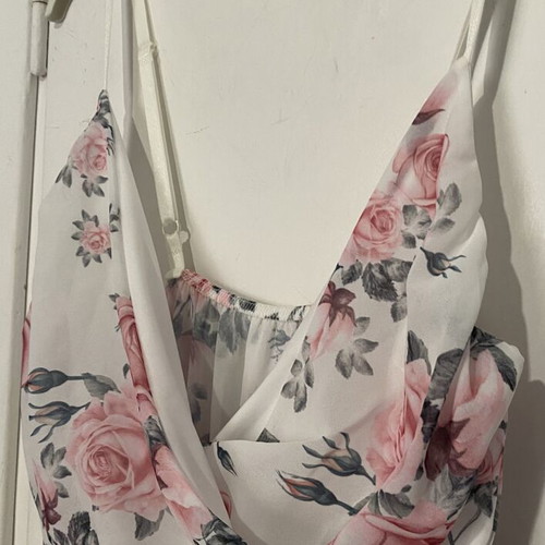 Floral dress new, adjustable straps, wrap cut, elastic under bust, white and pink