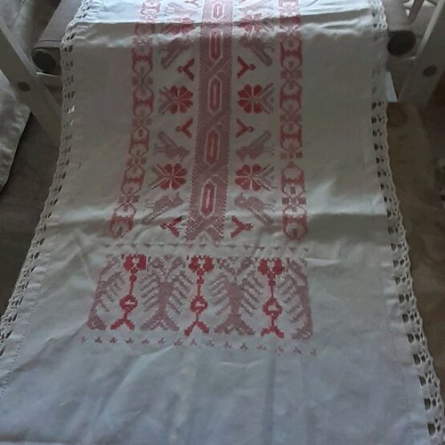 Cross Stitch Embroidery Table Linen handmade, vintage, 99 cm