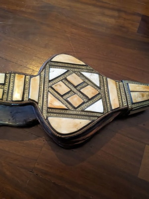 Moroccan fireplace bellows used, handmade wood, leather, metal, camel bone