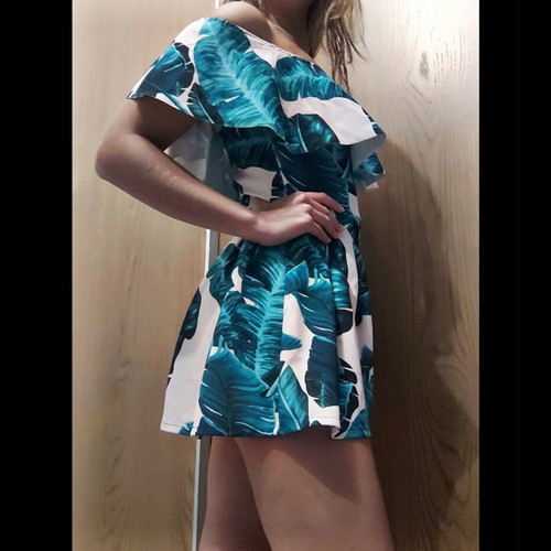 Fashion Mark short off-shoulder playsuit with ruffles, tropical pattern