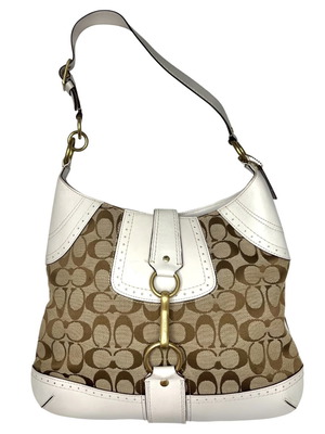 Coach Hampton Signature shoulder bag, tan canvas and white leather