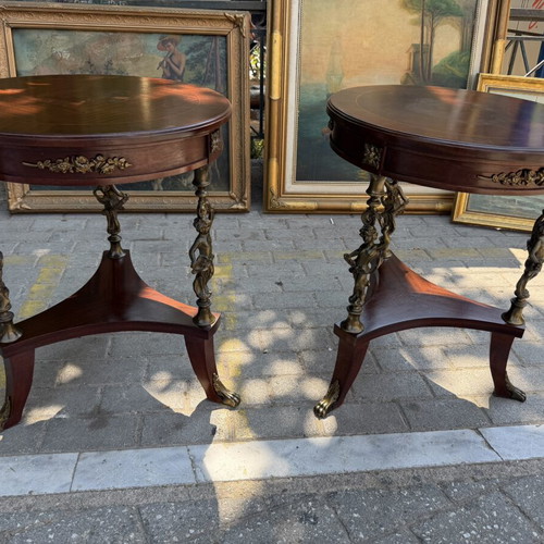French coffee tables like new with bronze cherubs and lion paw legs, pair