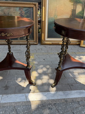 French coffee tables like new with bronze cherubs and lion paw legs, pair