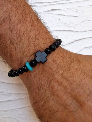 Men's bracelet with cross and black onyx and turquoise beads new