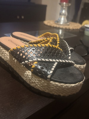 Chaniotakis Boho platform sandals size 37.5 like new, black and yellow