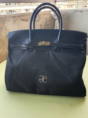 Elegance Paris handbag used, black leather strap with fabric trim