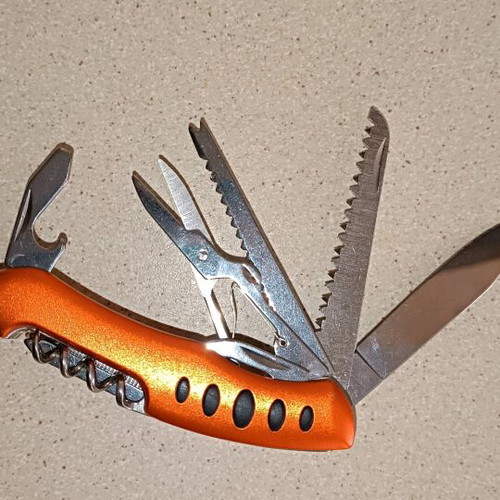 Swiss Army style multi-tool, orange, stainless steel
