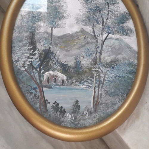 Oval painting on silk fabric with frame and glass new