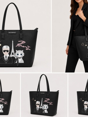 Karl Lagerfeld Paris Maybelle Tote τσάντα ώμου σαν καινούργια, μαύρη και πολύχρωμη