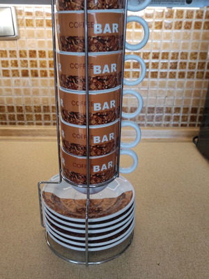 Coffee cup set new, 6 pieces with saucers and stand