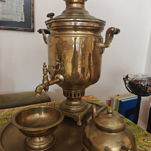 Samovar used traditional brass with tray, basin and teapot