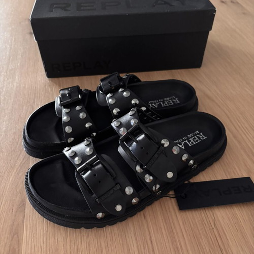 Replay Goya Buckles Leather Slides Size 39 New