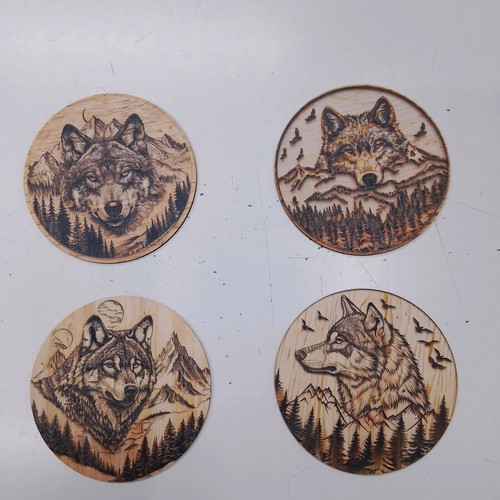 Laser Engraved Coasters Set of 4 with Wolves and Mountain Scenes