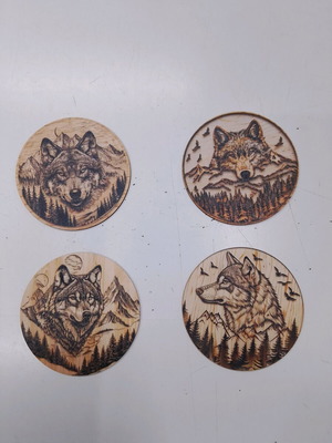 Laser Engraved Coasters Set of 4 with Wolves and Mountain Scenes