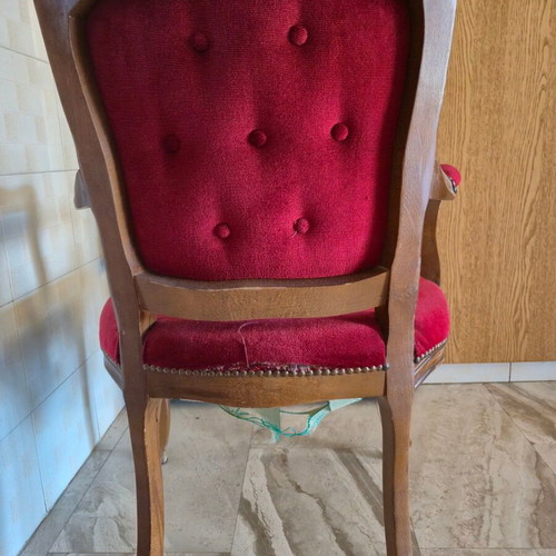 Vintage Louis XV armchair used, carved wood and red velvet