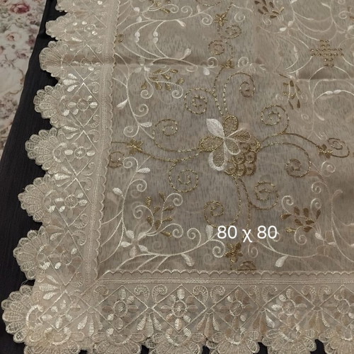 Tablecloth new, 80x80 cm, transparent tulle with gold floral embroidery and lace