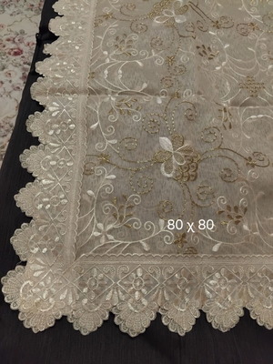 Tablecloth new, 80x80 cm, transparent tulle with gold floral embroidery and lace