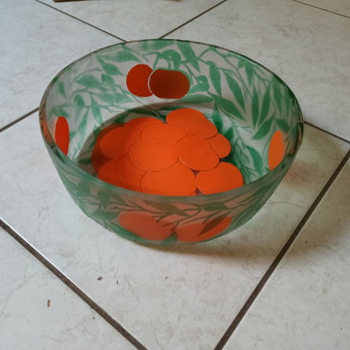 Vintage Cameo Glass Fruit Bowl used with embossed leaves and oranges