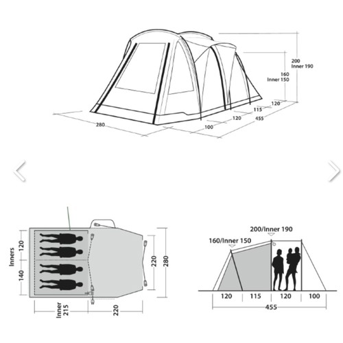 Outwell three room tunnel tent for 4 people with carpet, like new