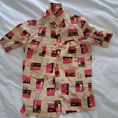Set shirt and skirt used, vintage, pink with colorful sailboat pattern