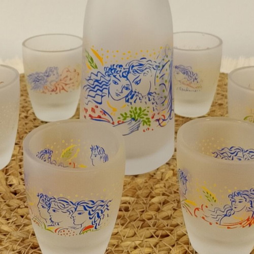 Serving set with carafe and six shot glasses decorated by Giorgos Stathopoulos, like new