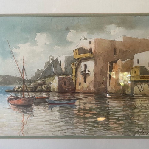 Watercolor by Konstantinos Sofianopoulos Island Landscape with Chapel and Boats framed