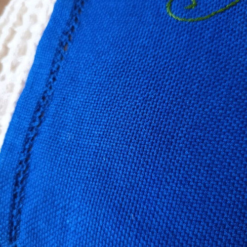 Handmade table runner blue with ribbon embroidery and lace 85x37