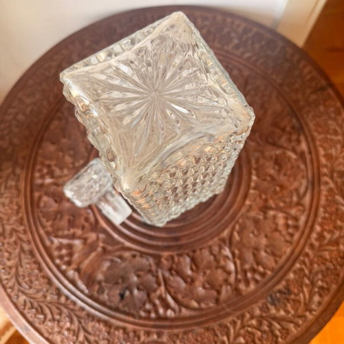 Vintage crystal decanter with stopper, mid-century geometric design