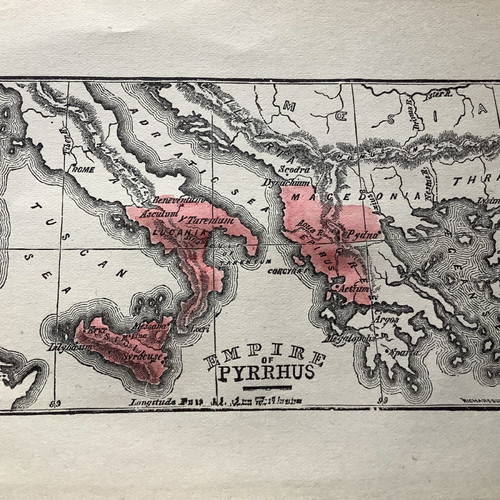 Pyrrhus King of Epirus map used, hand-colored woodcut small size