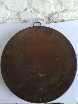 Copper oven tray used, antique 1950, 40 cm diameter