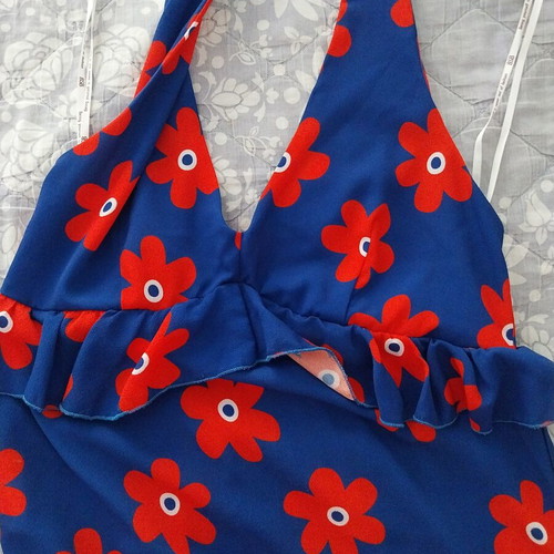 Maxi dress BSB used, blue fabric with red floral pattern