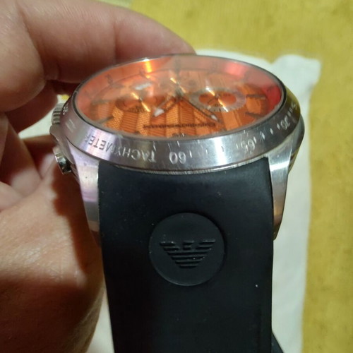 Emporio Armani men's chronograph watch with orange dial and silicone strap