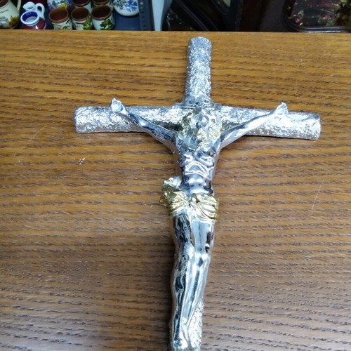 Wooden and bronze cross with silver color Jesus Christ depiction 34x21 new