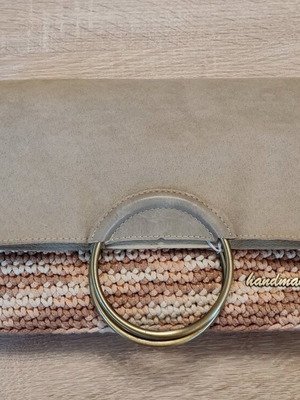 Knitted suede clutch with ring handmade, beige