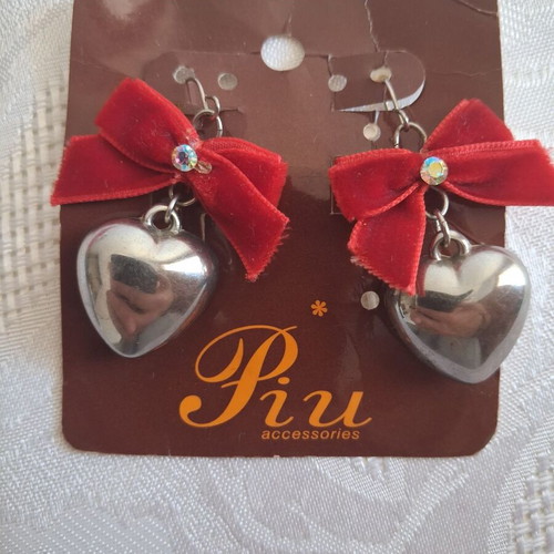 Piu Accessories Red Velvet Bow And Silver Heart Earrings New With Tag
