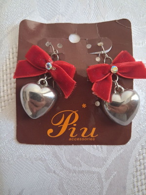 Piu Accessories Red Velvet Bow And Silver Heart Earrings New With Tag
