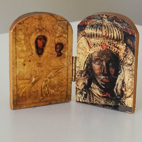 Vintage diptych icon with Virgin Mary and Archangel Michael used