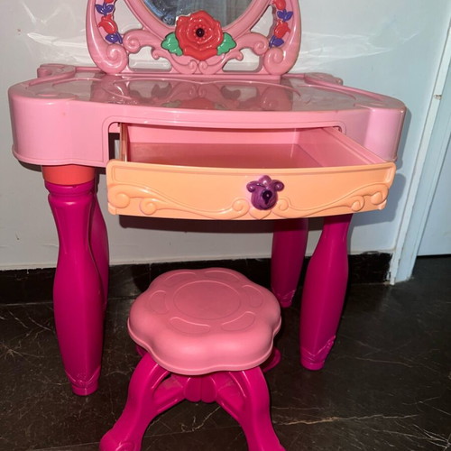 Vanity with Light and Sound Mirror and Used Supermarket Cart